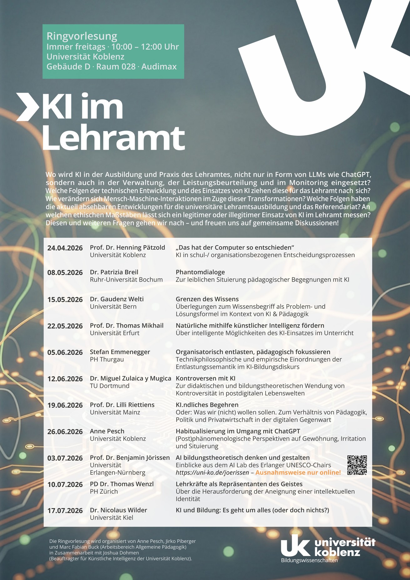 Plakat zur Ringvorlesung "KI im Lehramt"