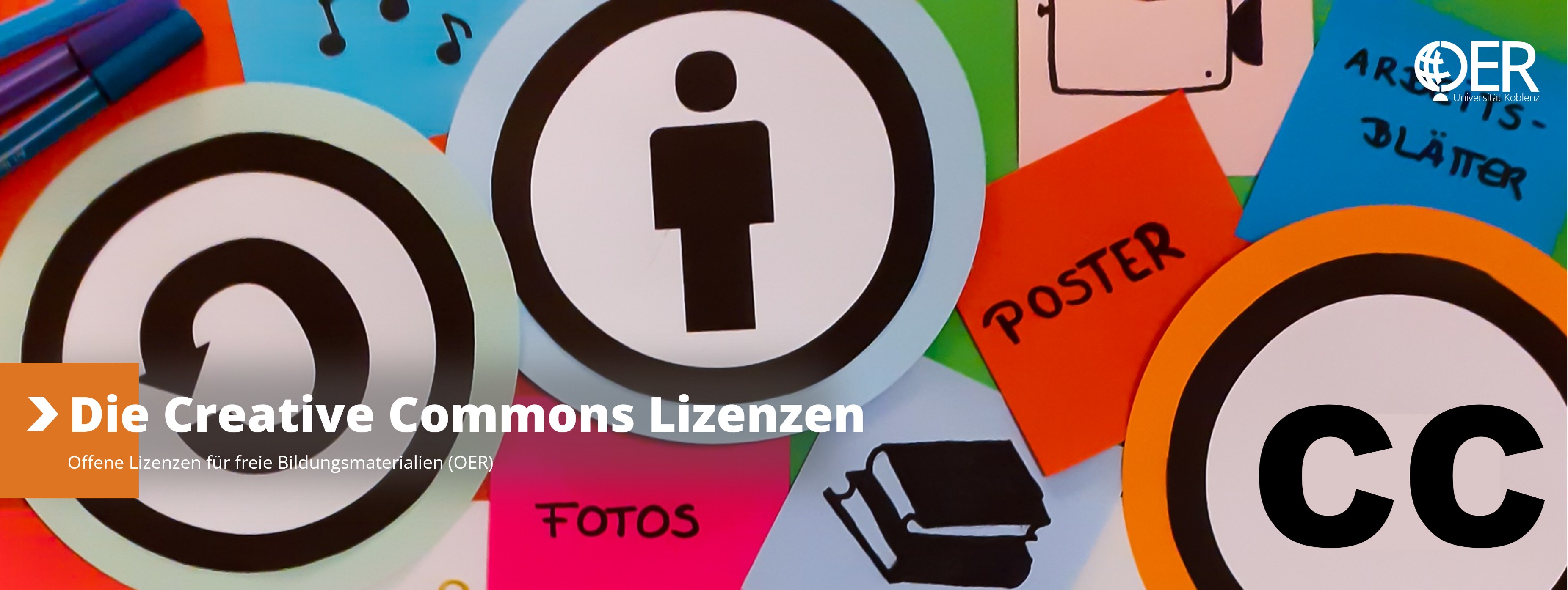 Webseitenheader mit Logo des Open Educational Resources (OER) Lab der Universität Koblenz und Bild zum Thema „Creative Commons (CC-) Lizenzen"