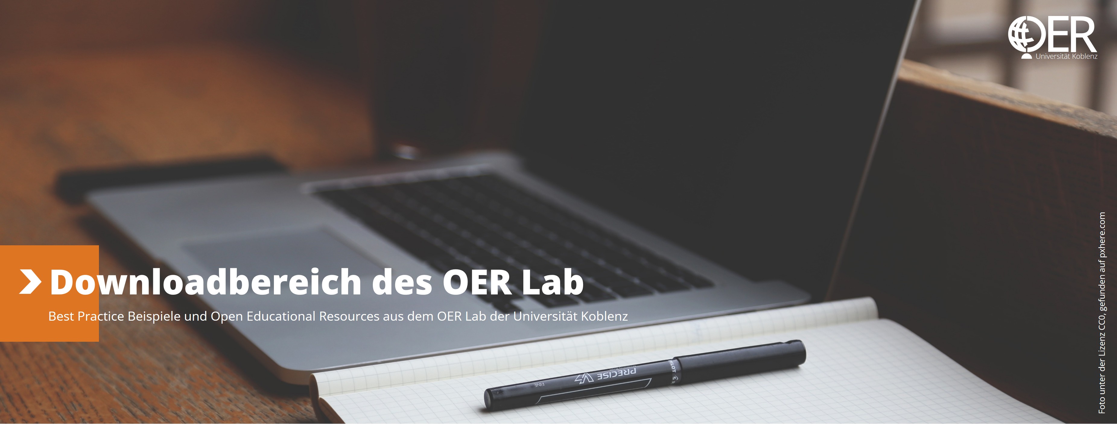 Webseitenheader mit Logo des Open Educational Resources (OER) Lab der Universität Koblenz und Bild zum Thema "Downloads"