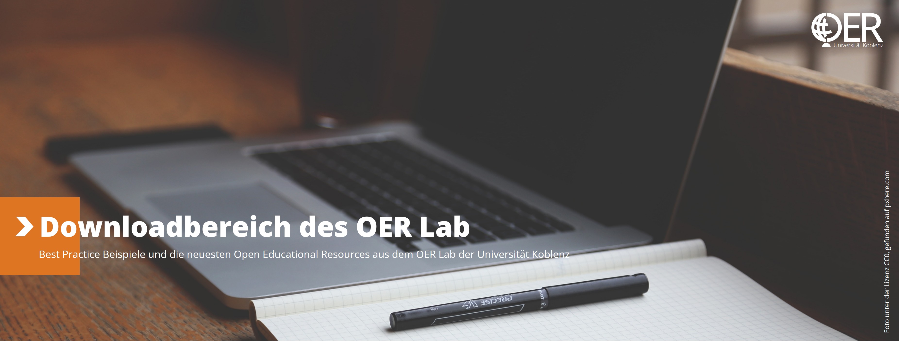 Webseitenheader mit Logo des Open Educational Resources (OER) Lab der Universität Koblenz und Bild zum Thema "Downloads"“
