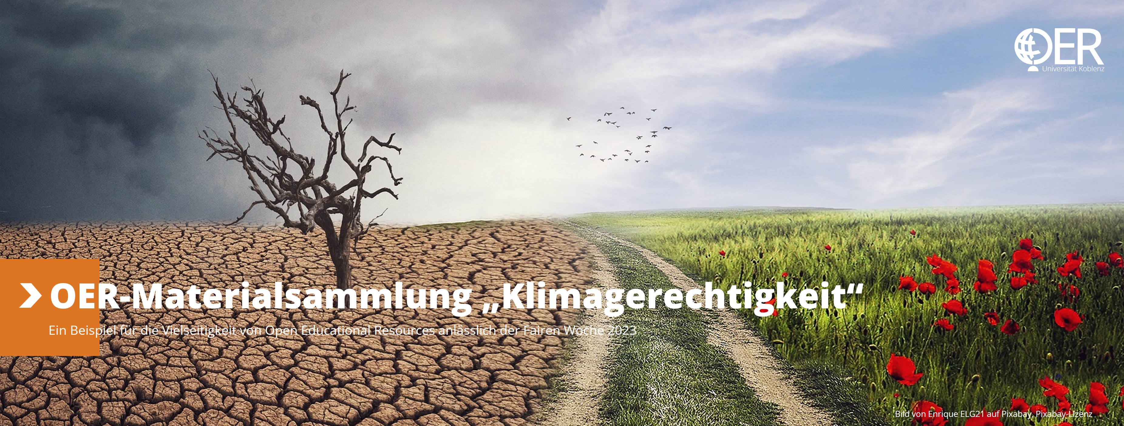 Webseitenheader mit Logo des Open Educational Resources (OER) Lab der Universität Koblenz und Bild zum Thema „Klimagerechtigkeit und OER“
