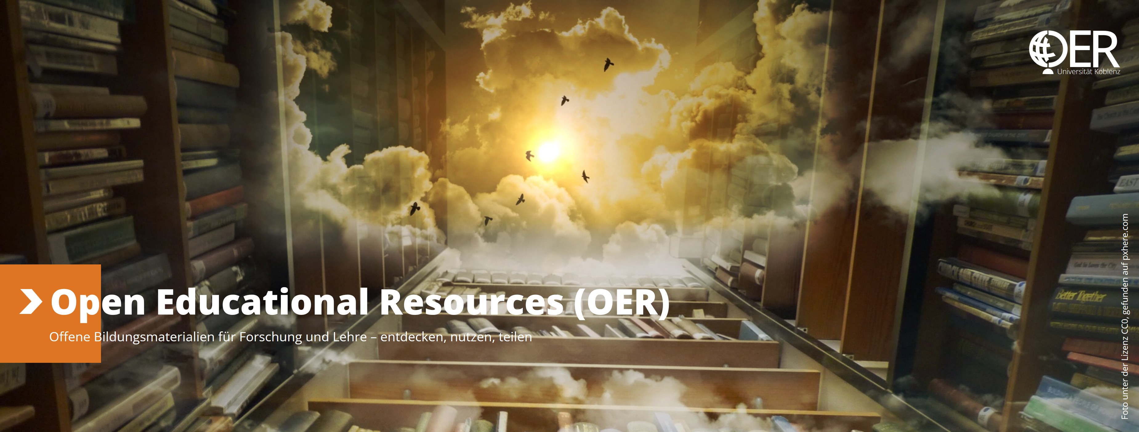 Webseitenheader mit Logo des Open Educational Resources (OER) Lab der Universität Koblenz und Bild zum Thema „OER und freie Bildungsmaterialien“