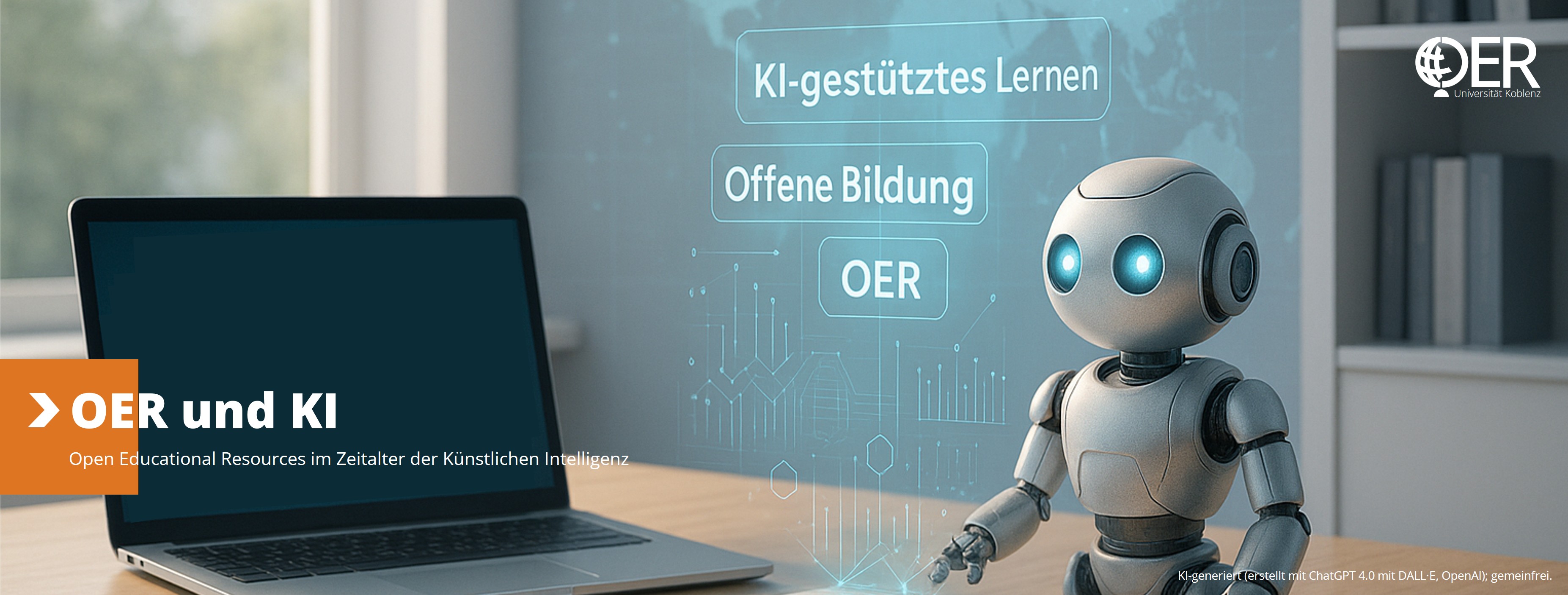 Webseitenheader mit Logo des Open Educational Resources (OER) Lab der Universität Koblenz und Bild zum Thema „OER und Künstliche Intelligenze (KI)“
