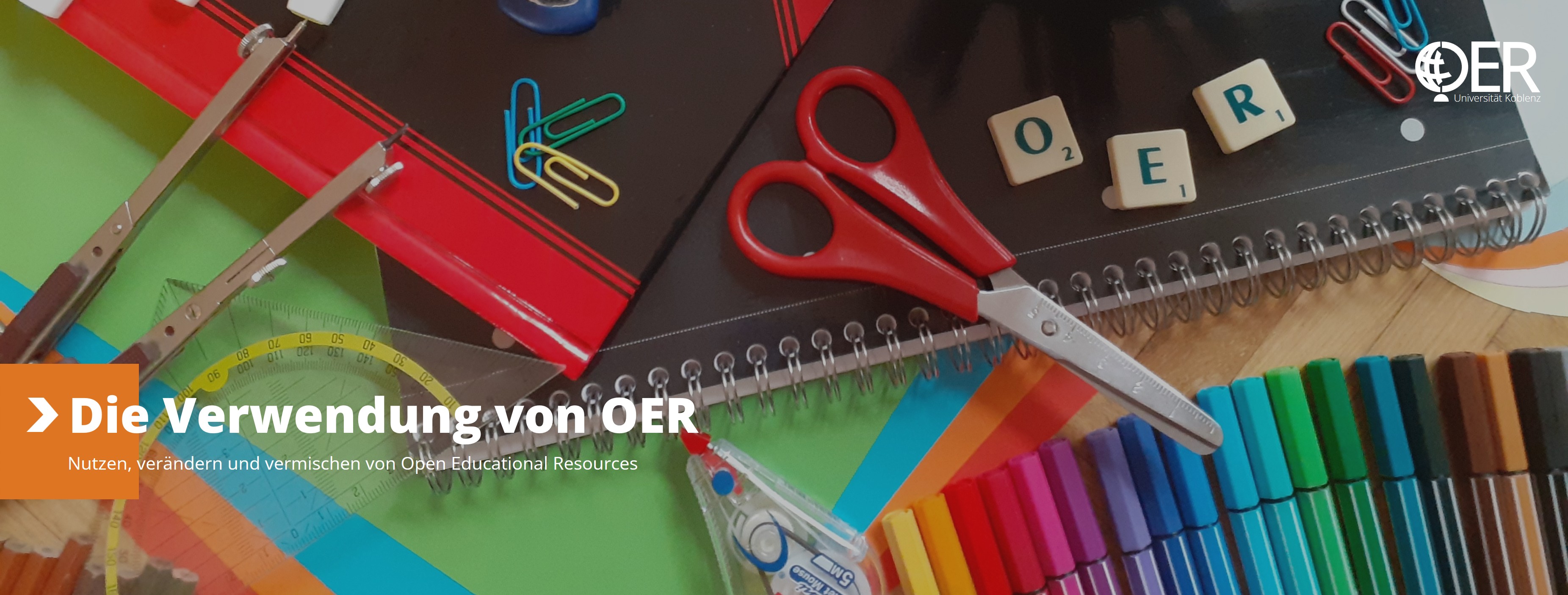 Webseitenheader mit Logo des Open Educational Resources (OER) Lab der Universität Koblenz und Bild zum Thema „Verwendung von OER“