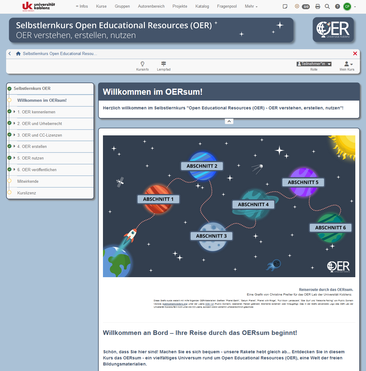 Screenshot der Startseite des Selbstlernkurses "OER"