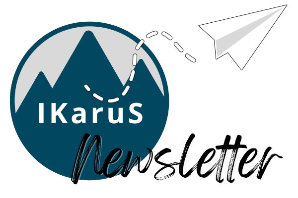 Das IKaruS-Logo mit Bergen im Hintergrund, dem Wort "IKaruS und einem in den Vordergrund fliegenden Papierflieger. Darauf steht größer "Newsletter".