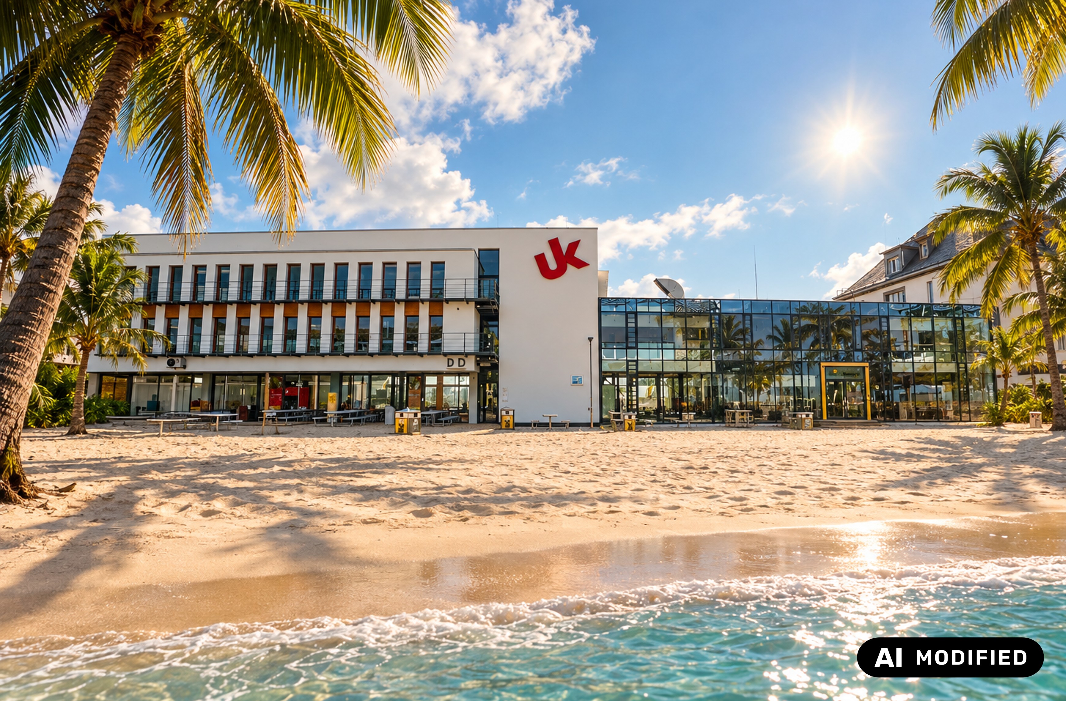 Campusgebäude, mit KI an einen Strand versetzt (KI-bearbeitet)