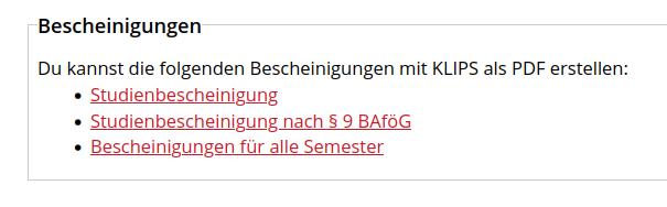 Übersicht zu Bescheinigungen auf der KLIPS-Startseite
