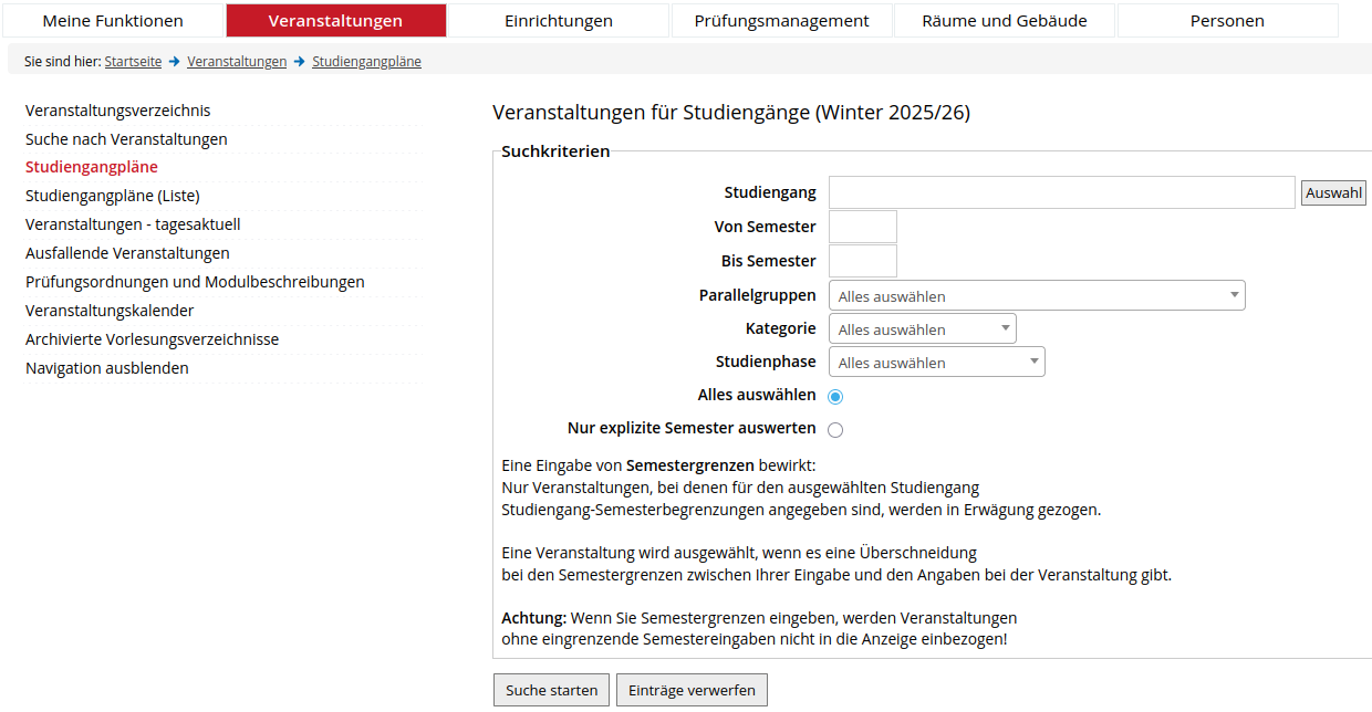 Screenshot eines KLIPS-Formulars zur Suche nach Lehrveranstaltungen