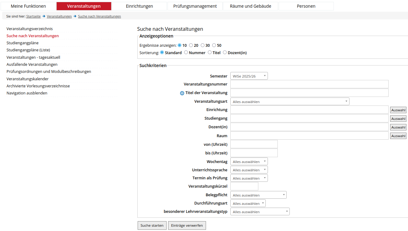 KLIPS-Formular zur Suche nach Veranstaltungen