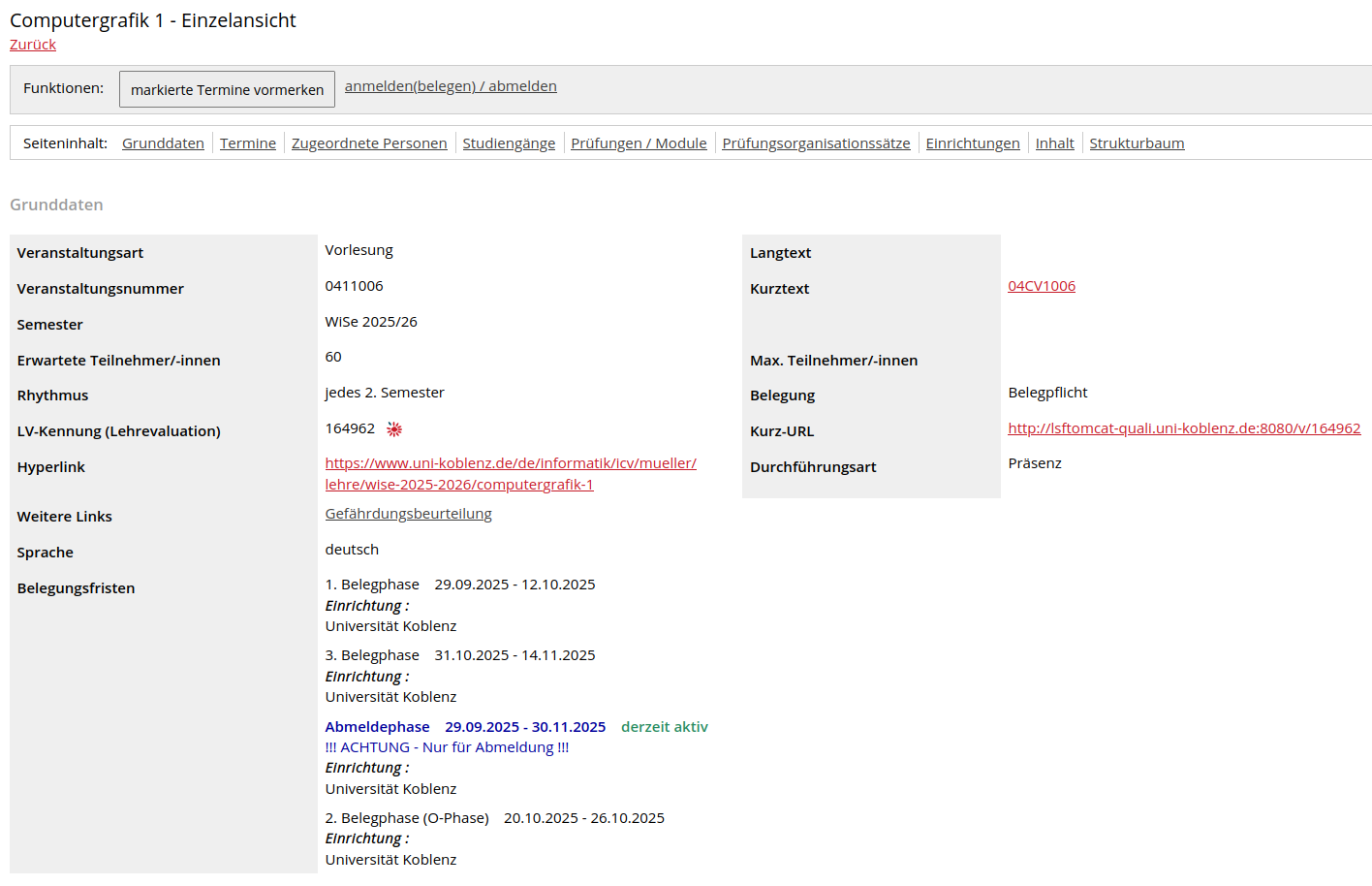 Veranstaltung "Computergrafik 1" - Einzelansicht in KLIPS