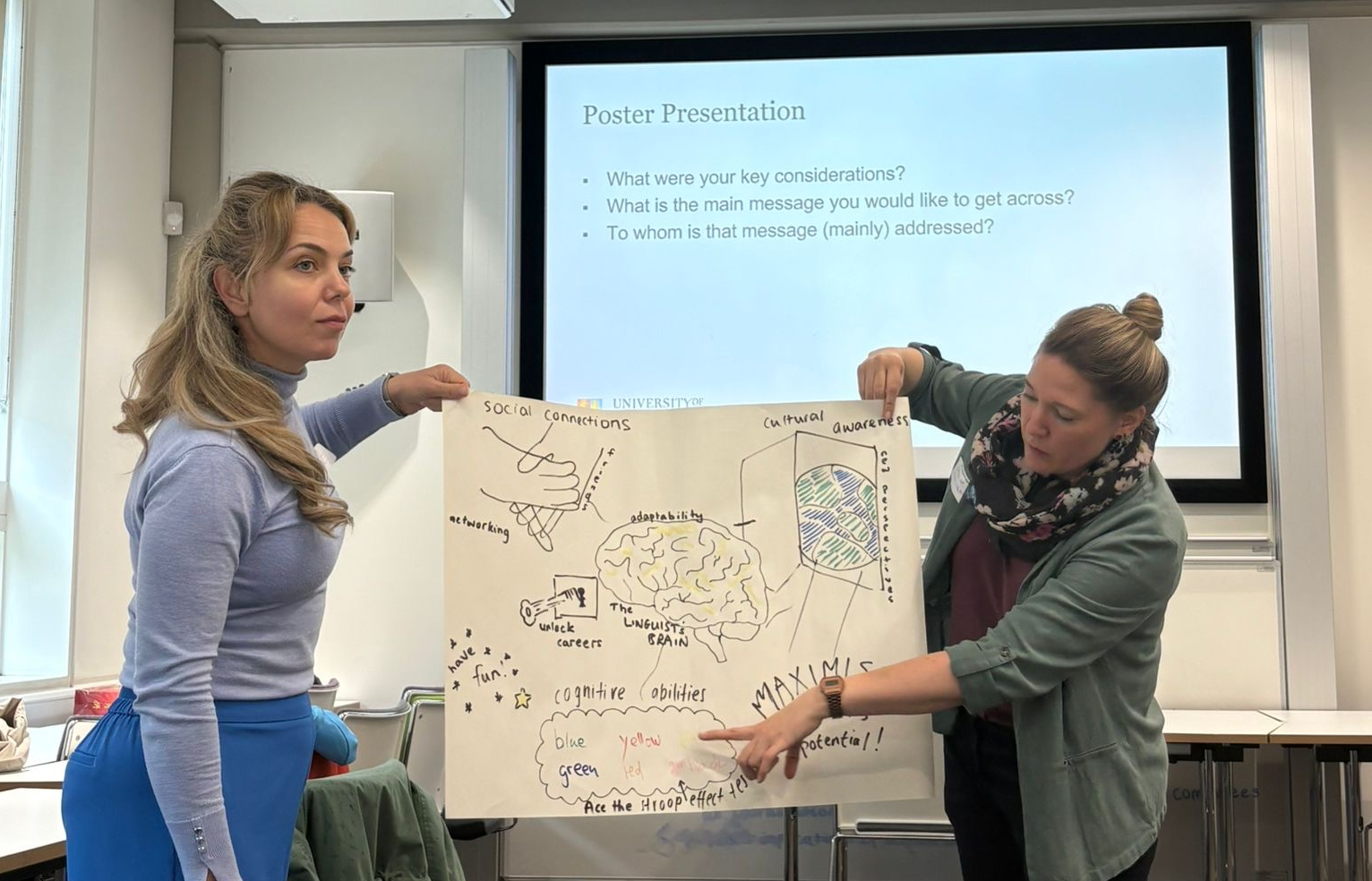 Präsentation an der Universität Birmingham: MSc. Klodiana Dautaj (li.) und Dr. Katharina Hirt.