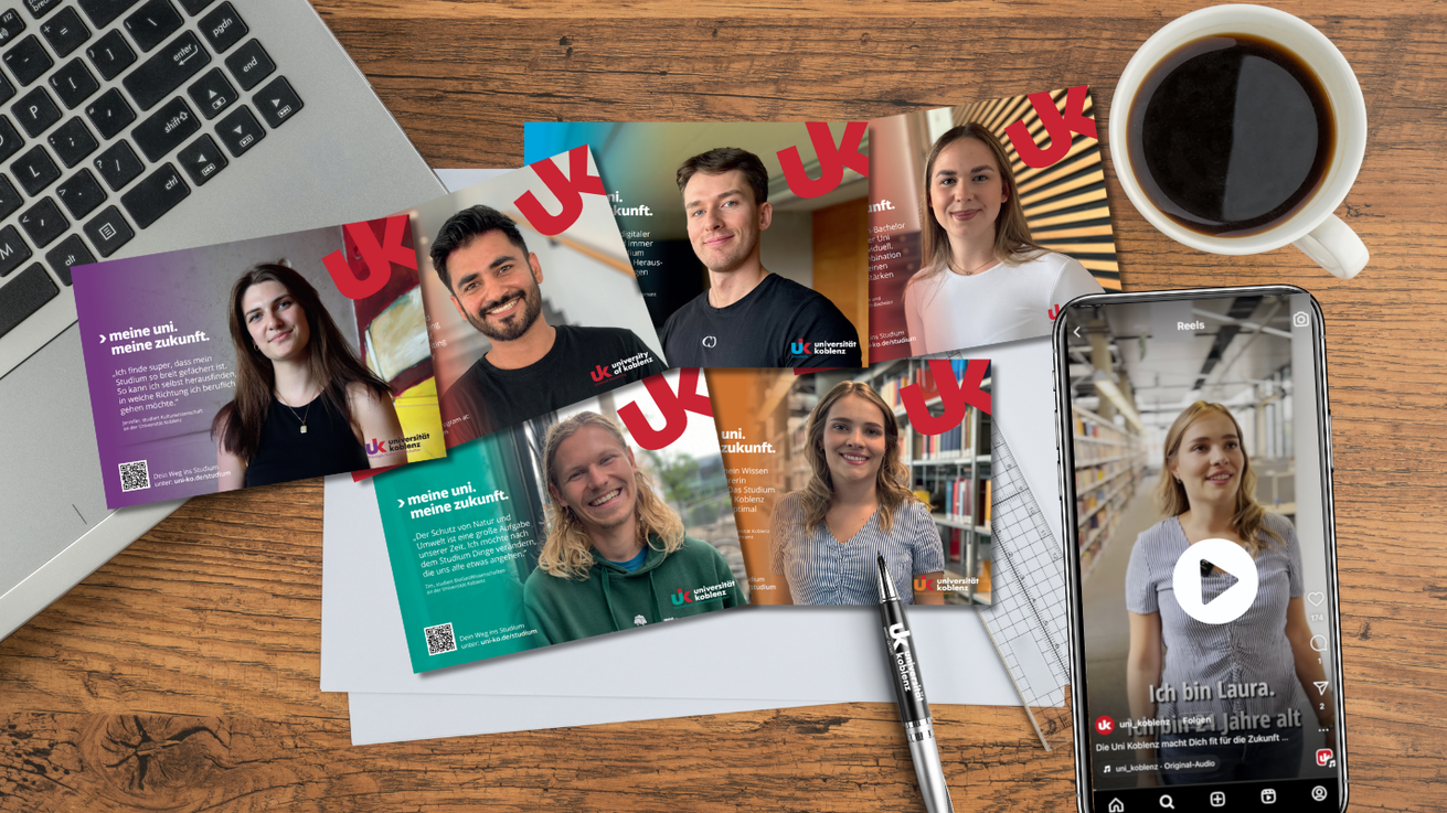 Ein Teil der neuen Kampagne „meine uni. meine zukunft“: Postkartenmotive und eine Videoreihe bei Instagram mit Studierenden der Universität Koblenz. Bild: Universität Koblenz / Canva