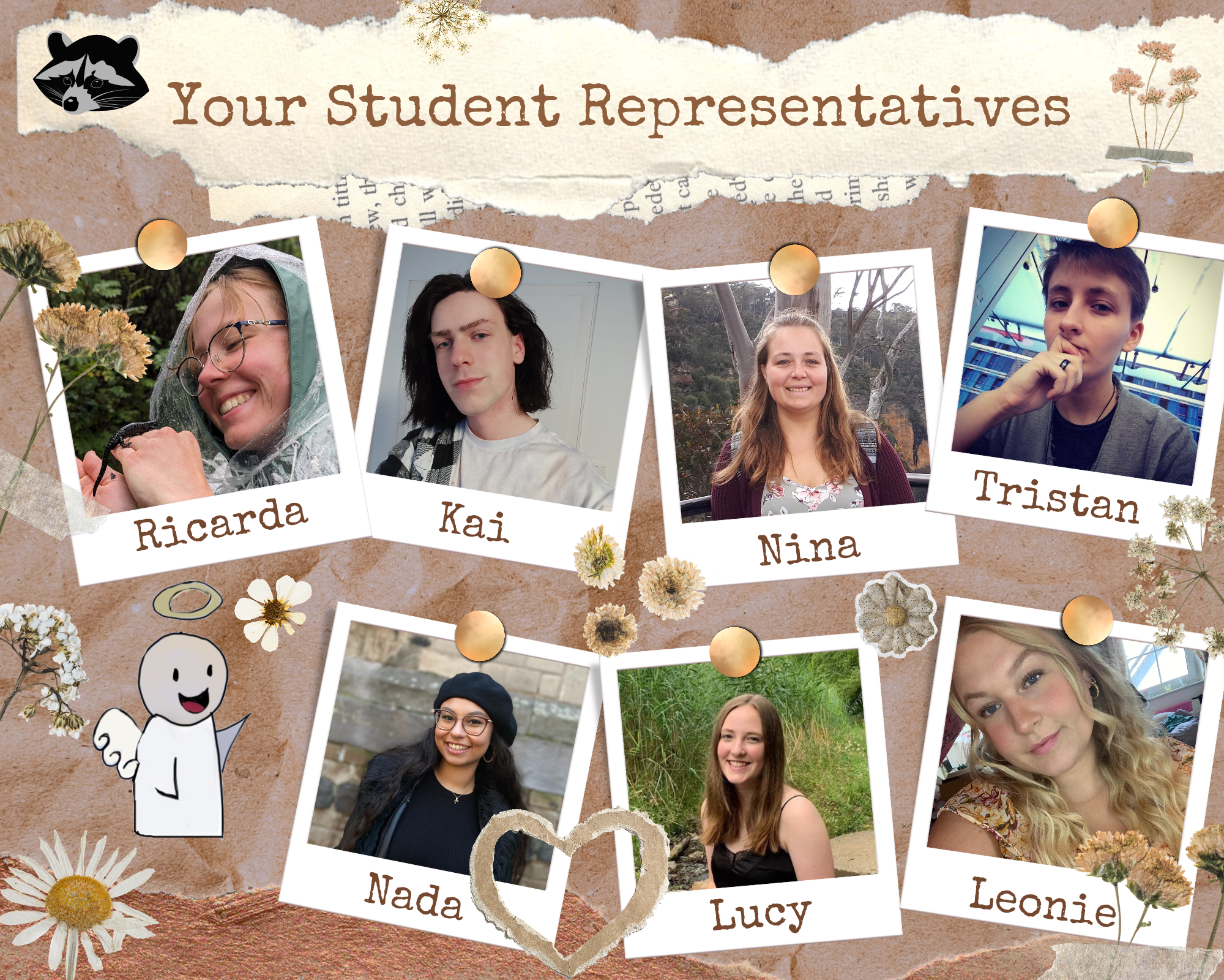 Eine Collage mit dem Titel Your Student Representatives, auf dem sieben personen zu sehen sind. In der ersten Reihen sieht man Ricarda, Kai, Nina und Tristan, in der zweiten Reihe Nada, Lucy und Leonie.