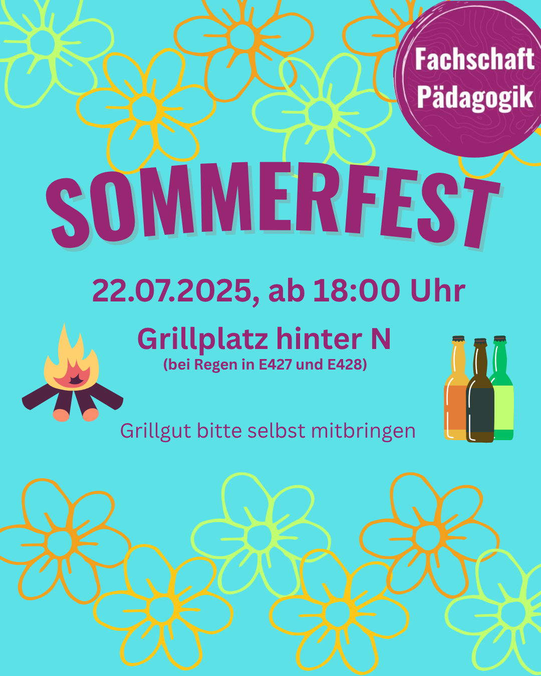 Sommerfest der Fachschaft Pädagogik am 22.07.2025 ab 18:00 Uhr auf dem Grillplatz