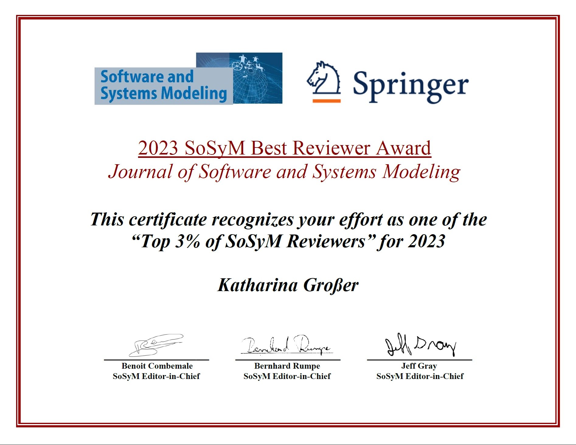 2023 SoSyM Best Reviewer Award