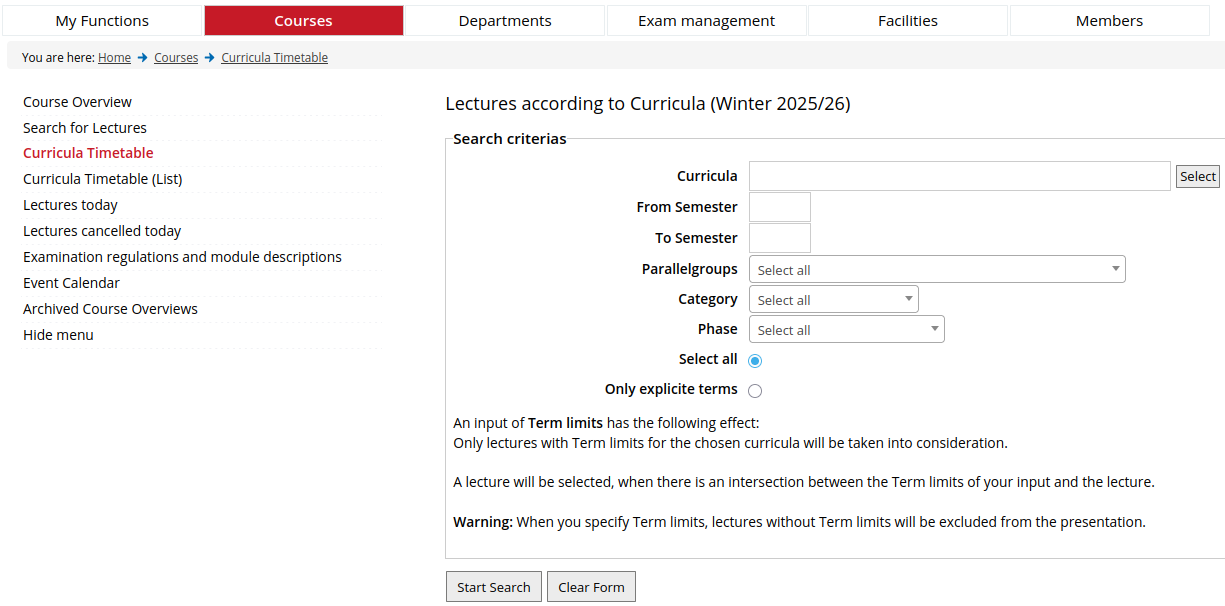 Screenshot of a KLIPS form for searching for lectures
