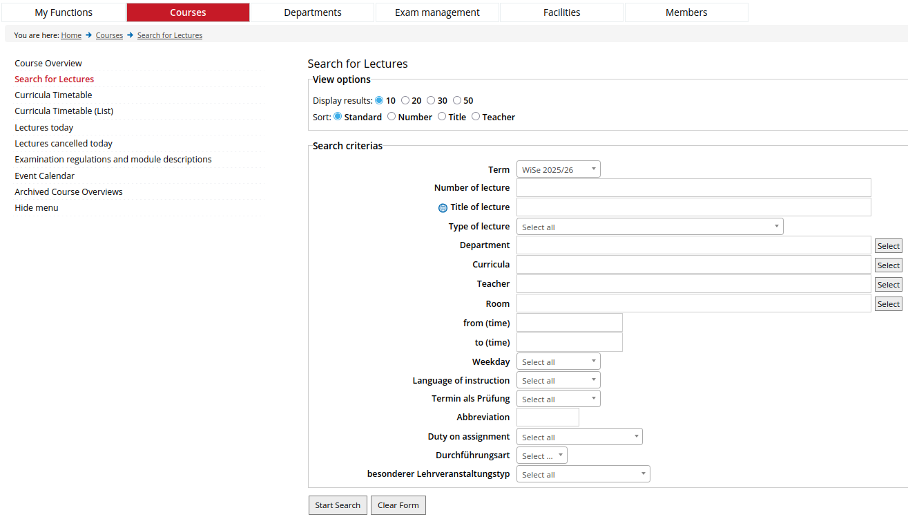 Screenshot of a KLIPS form for searching for lectures